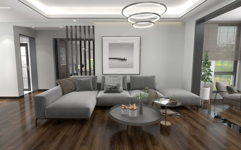  Design drawing of modern home design paved with dark wood-grain WPC floor.