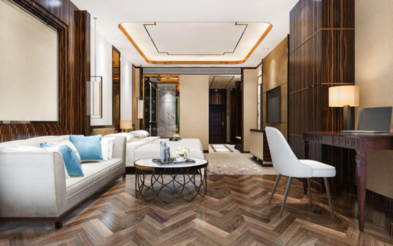 3d rendering beautiful luxury bedroom suite in hotel with TV and working table