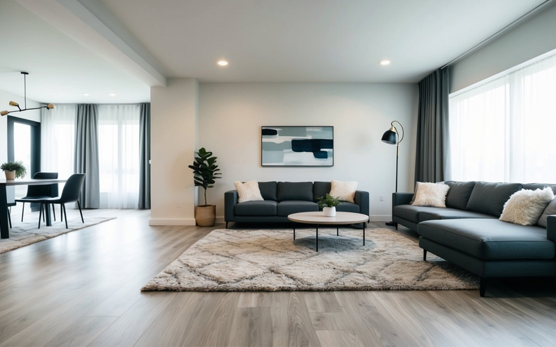 Modern living room and dining area with sleek, glossy wood flooring