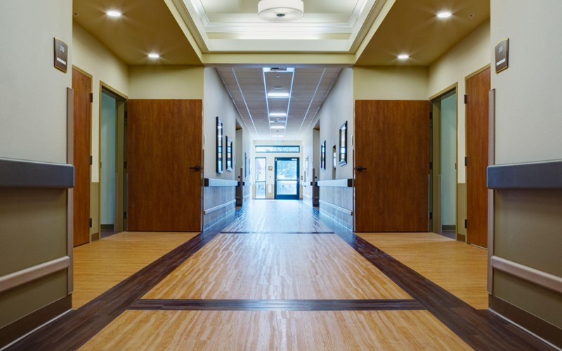 Empty hallway in assisted living facility
