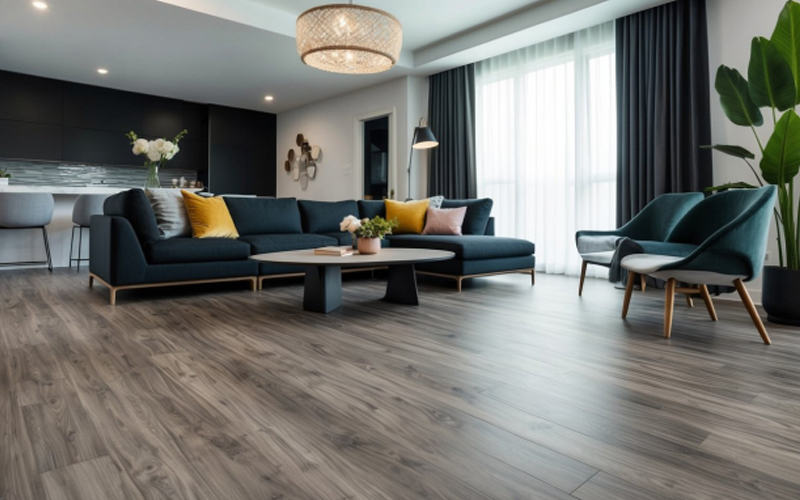 Modern living room with rigid core flooring, dark blue sofa, armchairs, coffee table
