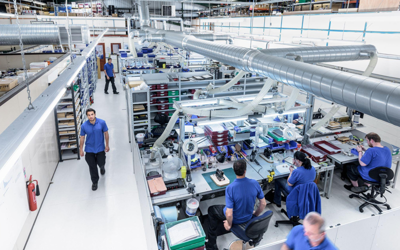Overview of the production line in an electronics factory.
