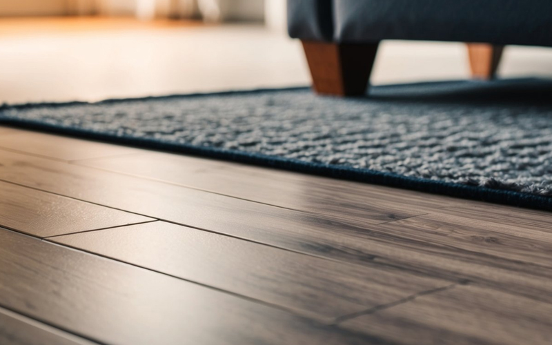 A blue-gray carpet on wood-grain vinyl flooring
