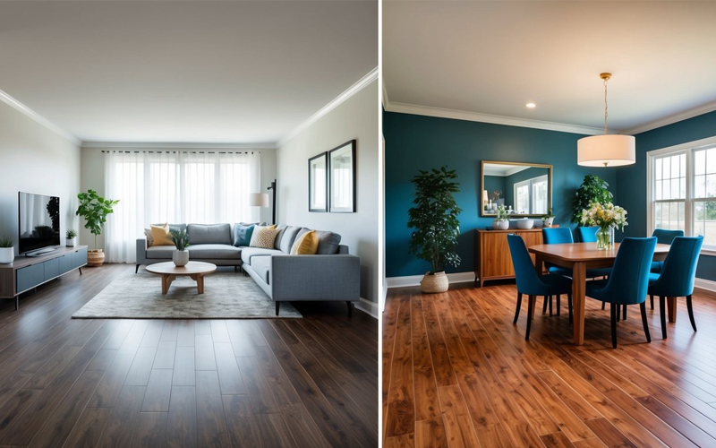 LVP flooring in modern living room vs. hardwood flooring in dining room.